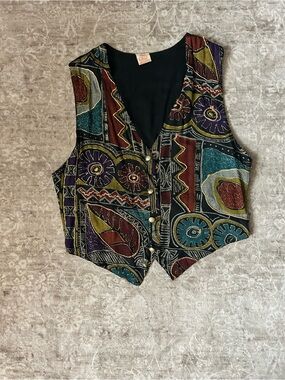 Vintage Abstract Pattern V-Neck Women’s Vest - Multicolor Small